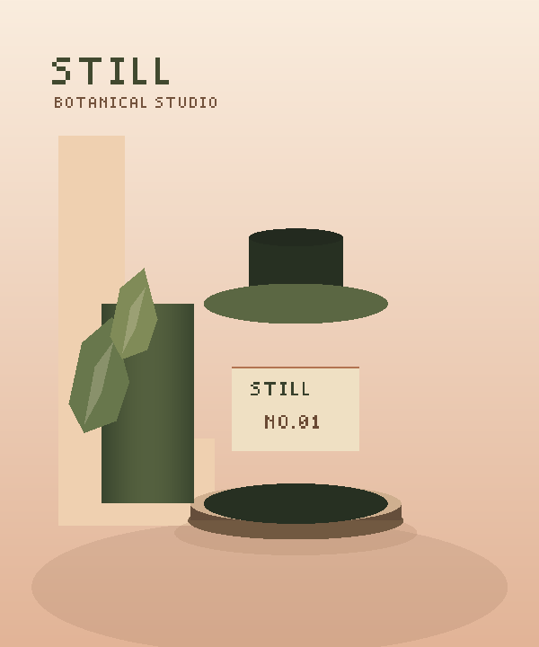 Original sample product illustration: sculptural Still vessel on a warm studio plinth